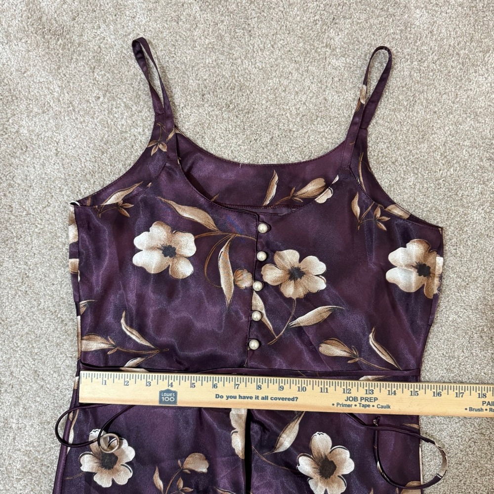 Vintage Purple Floral Satin Slip Dress Mini Faux Pearl Buttons Back Tie - Picture 11 of 12